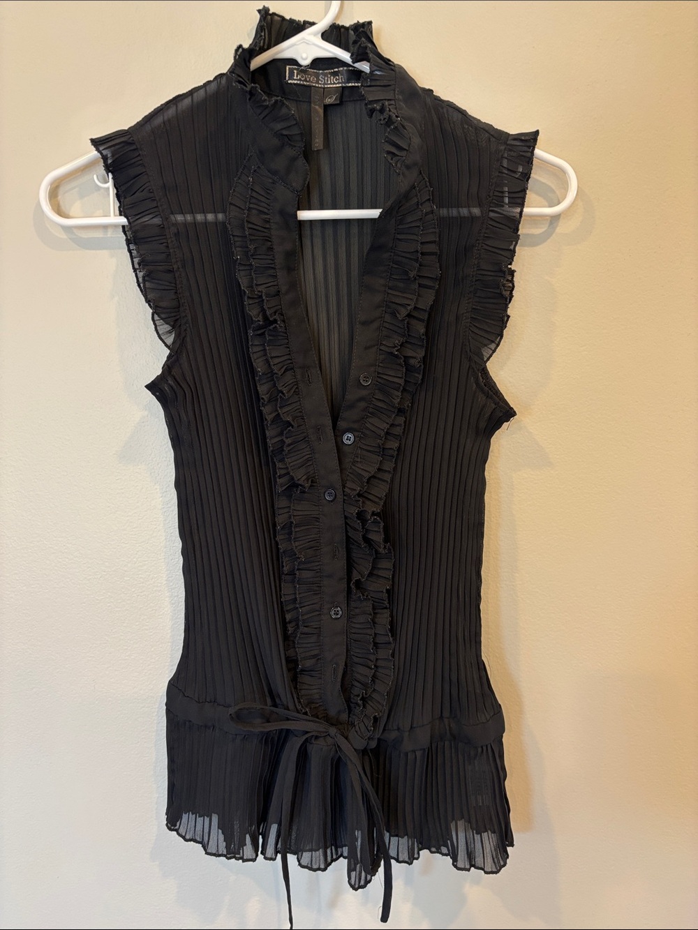 Love Stitch Black Ruffle Button-Front Sleeveless Top